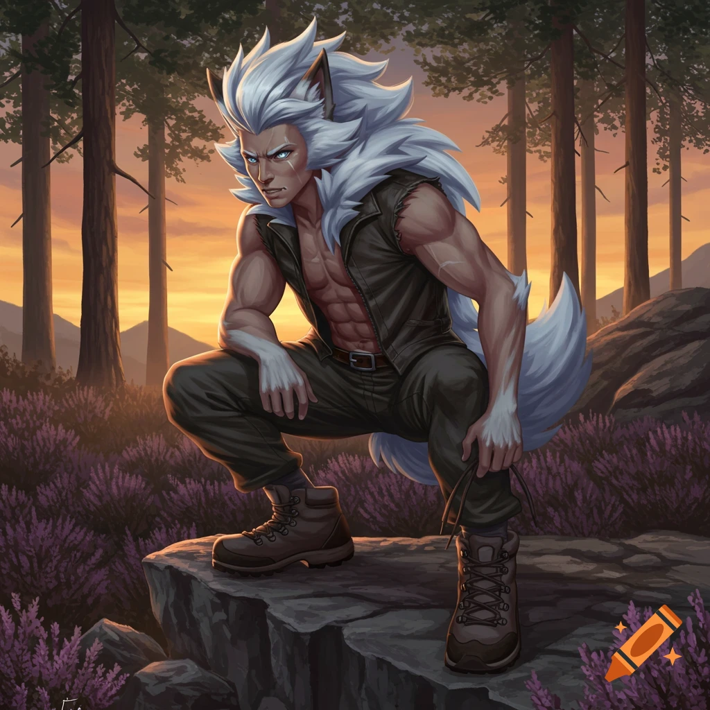 Muscular anthro man with white wolf-like hair, ears, and tail, crouching on a rock in a forest at sunset with purple flowers.