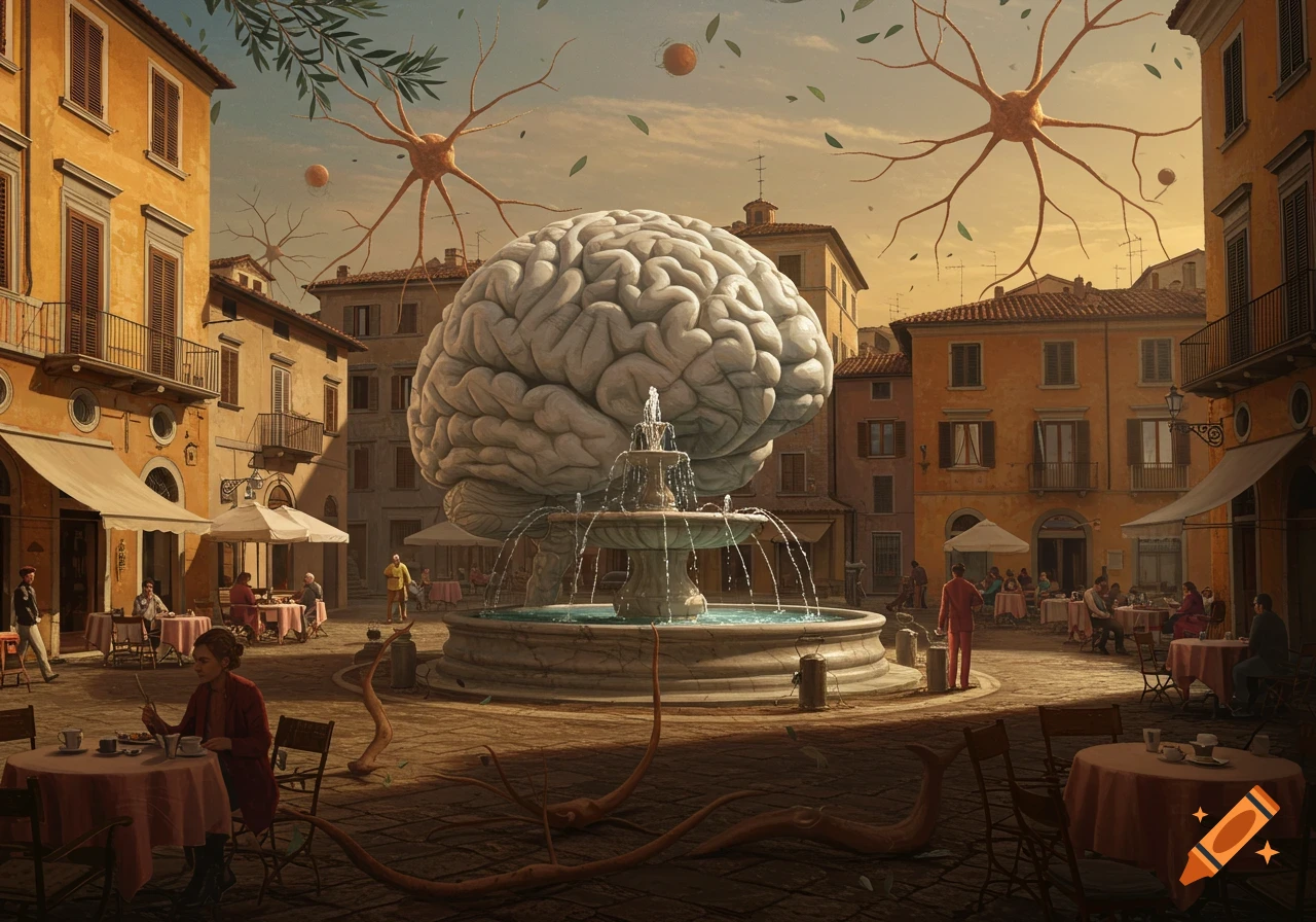 A surreal giant brain fountain in an Italian piazza, with people at cafe tables and neuron-like structures in the sky.