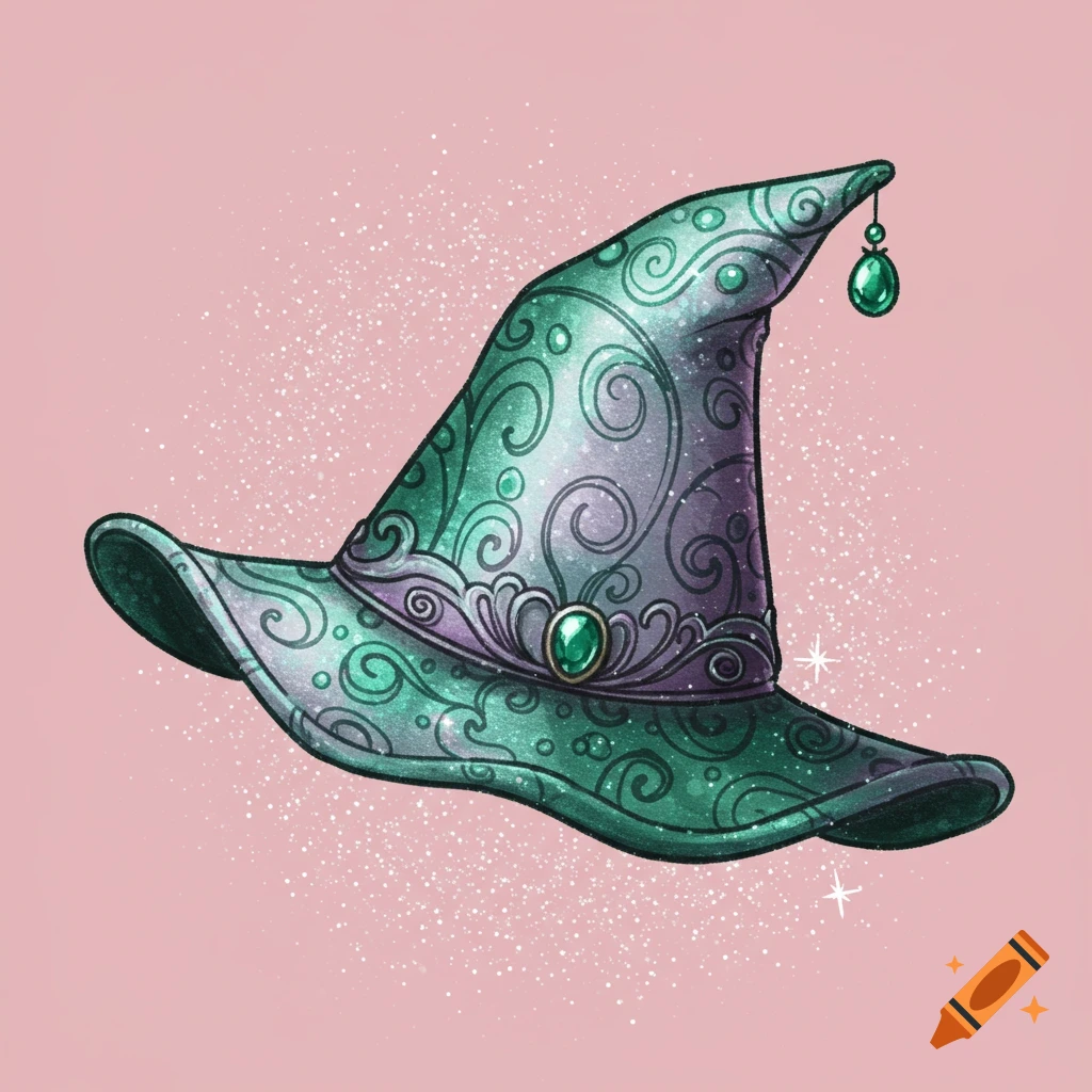 A glittery, emerald green and purple witch's hat adorned with ornate swirls and a green gem, on a pink background.