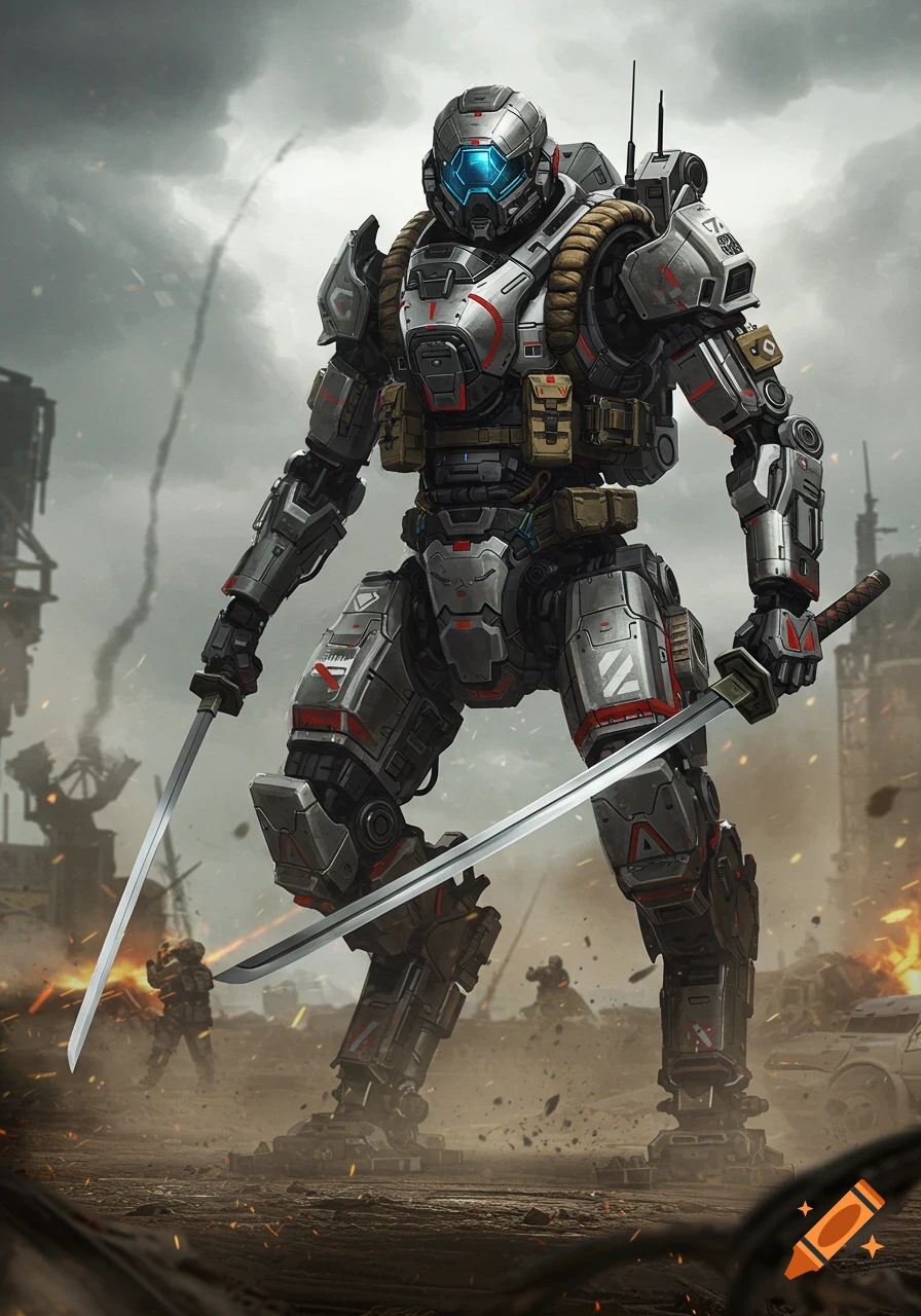 A futuristic silver and red mech with glowing blue eyes wields two katanas in a smoky, war-torn city landscape.