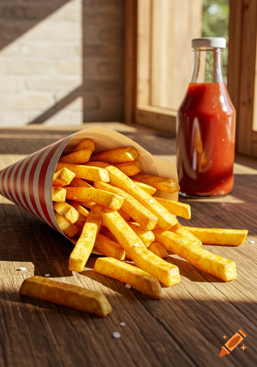 Photorealistic image of a cone of french fries spilling onto a wooden table next to a bottle of ketchup, with salt flakes scattered.