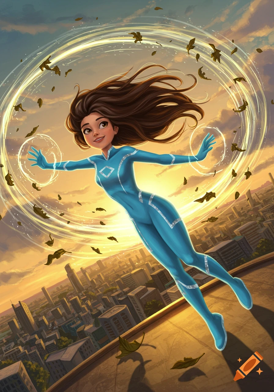 An illustrated girl superhero with brown hair flies over a city at sunset, surrounded by swirling wind and leaves.
