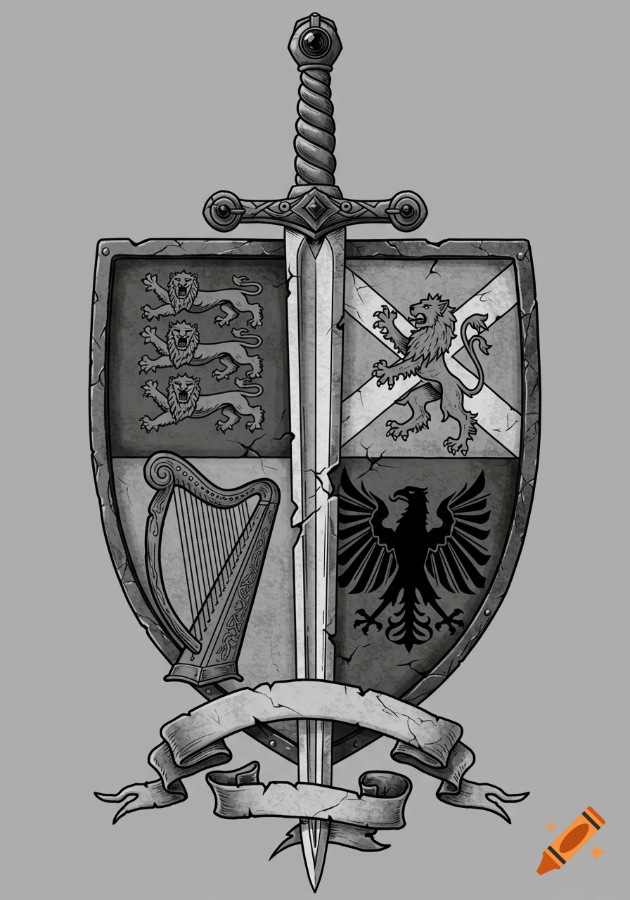 Black and white medieval heraldic shield with a sword, featuring emblems of England, Scotland, Ireland, and a black eagle.