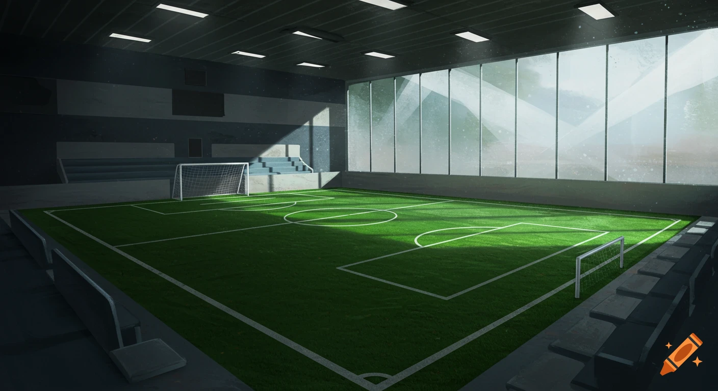 An empty indoor football court with sunlight streaming through large windows.