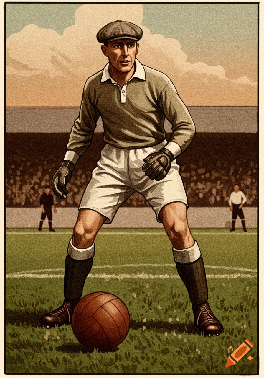 Vintage illustration of a 1940s football goalkeeper in a flat cap and uniform, standing on a pitch with a ball.