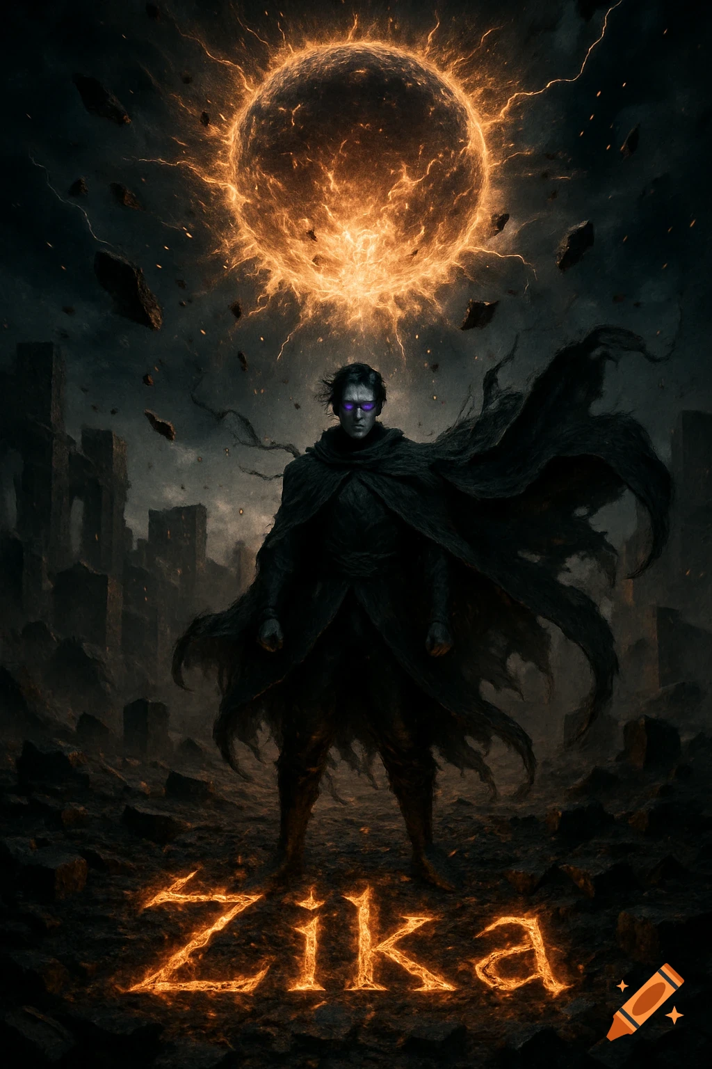 A lone, cloaked figure with glowing violet eyes stands in a ruined battlefield under a colossal fiery sphere. The word 'Zika' is seared into the ground. Dark fantasy.