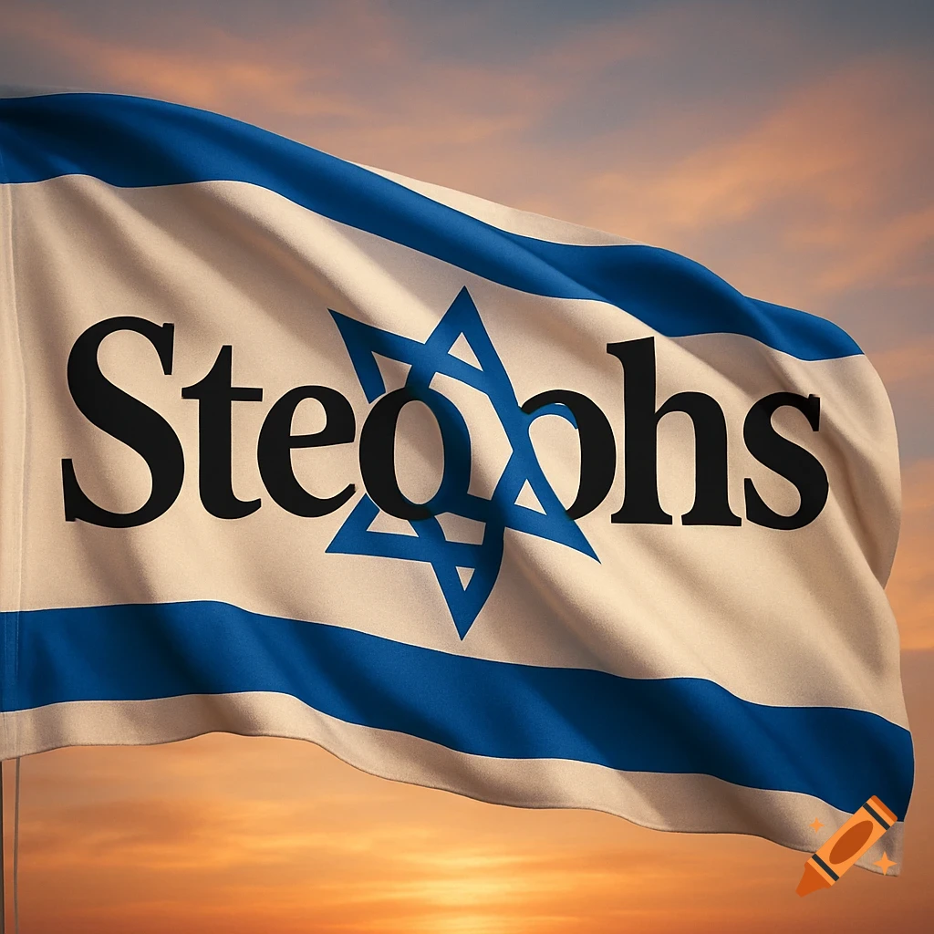 A flag resembling the Israeli flag with 'Steobohs' printed in black across it, waving against a sunset sky.
