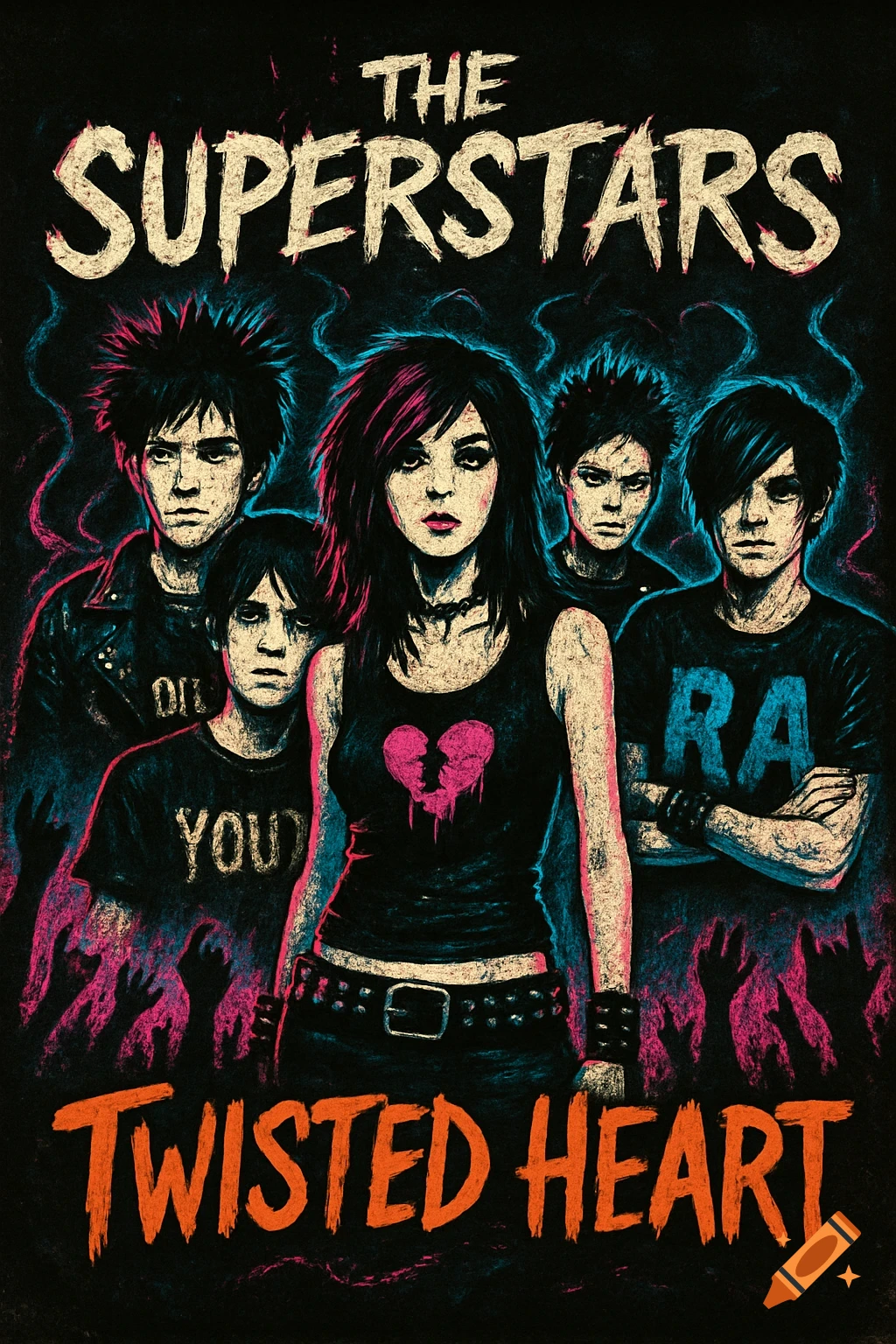 An emo punk rock album cover illustration featuring five stylized band members, four men and one woman, with vibrant pink and blue accents on a dark background. The band name 'THE SUPERSTARS' is at the top, and 'TWISTED HEART' is at the bottom.
