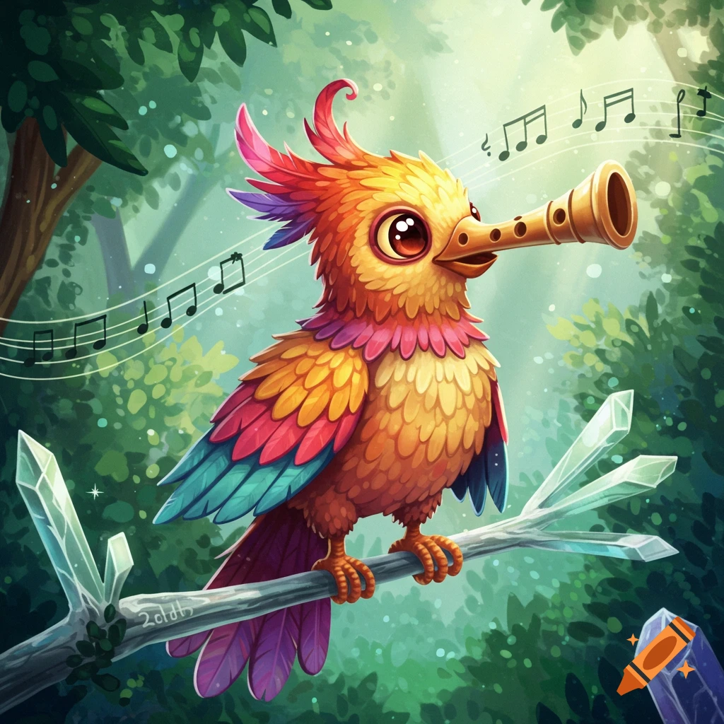 A colorful, cartoon-style bird-like monster with orange, red, and purple feathers plays a golden woodwind instrument, with musical notes floating around it in a lush green forest. Clear crystals are on the branches.