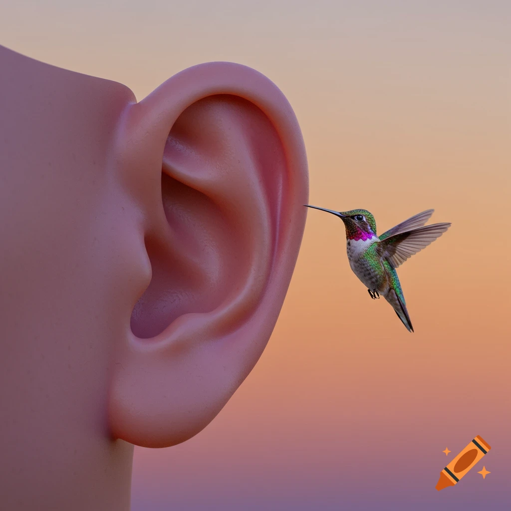 A photorealistic close-up of a human ear with a hummingbird hovering, its long beak pointed towards the ear's inner folds.