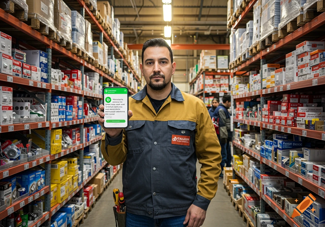A man in a yellow and gray work jacket holds a smartphone, standing in a large warehouse aisle with shelves of goods. Photorealistic style.