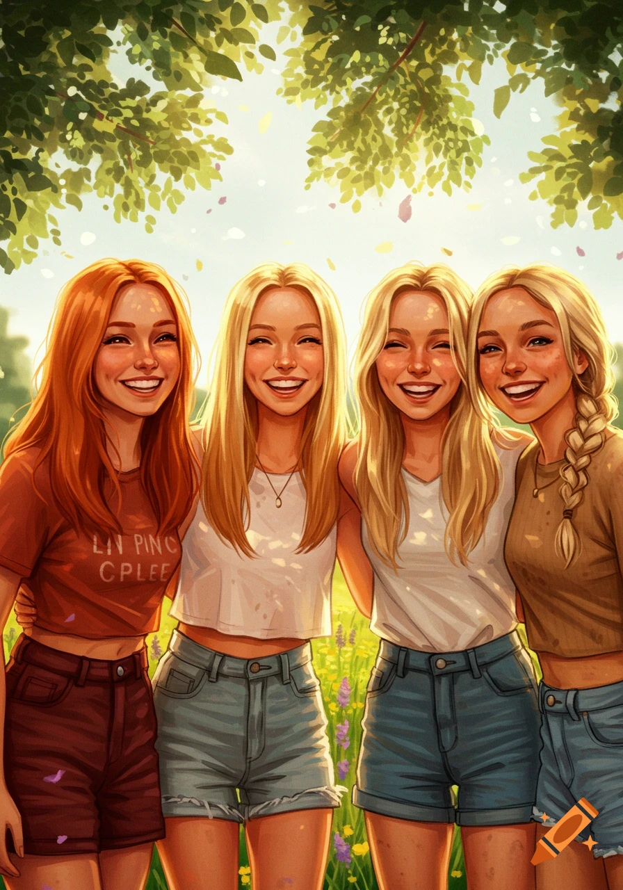 Four smiling young women, one redhead and three blondes, embracing in a sunny field under green trees, digital art style.