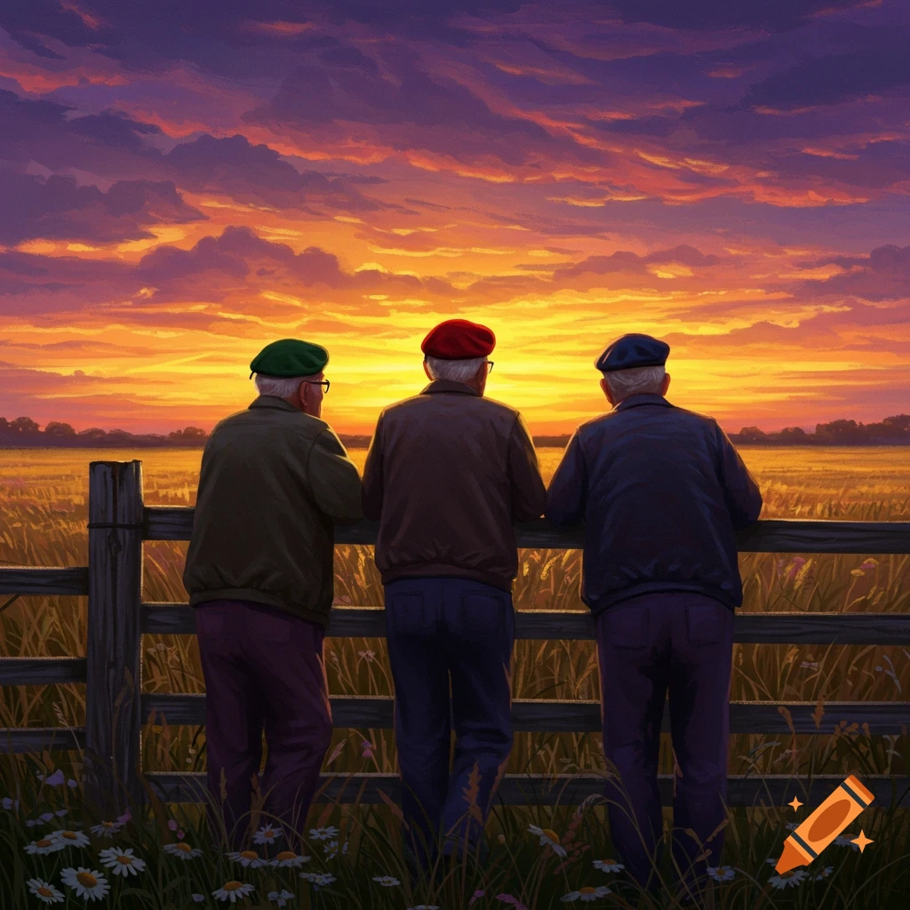 Three old men in berets lean on a wooden fence, gazing at a vibrant orange and purple sunset over a golden field. Painted style.