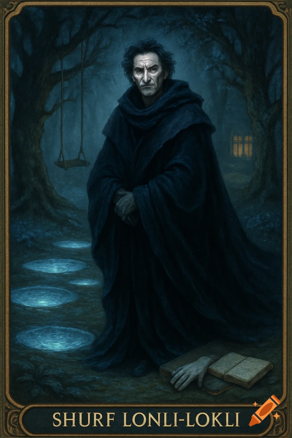 A serious man in a dark cloak stands in a mystical, dark forest with glowing pools and a swing, like a fantasy card.