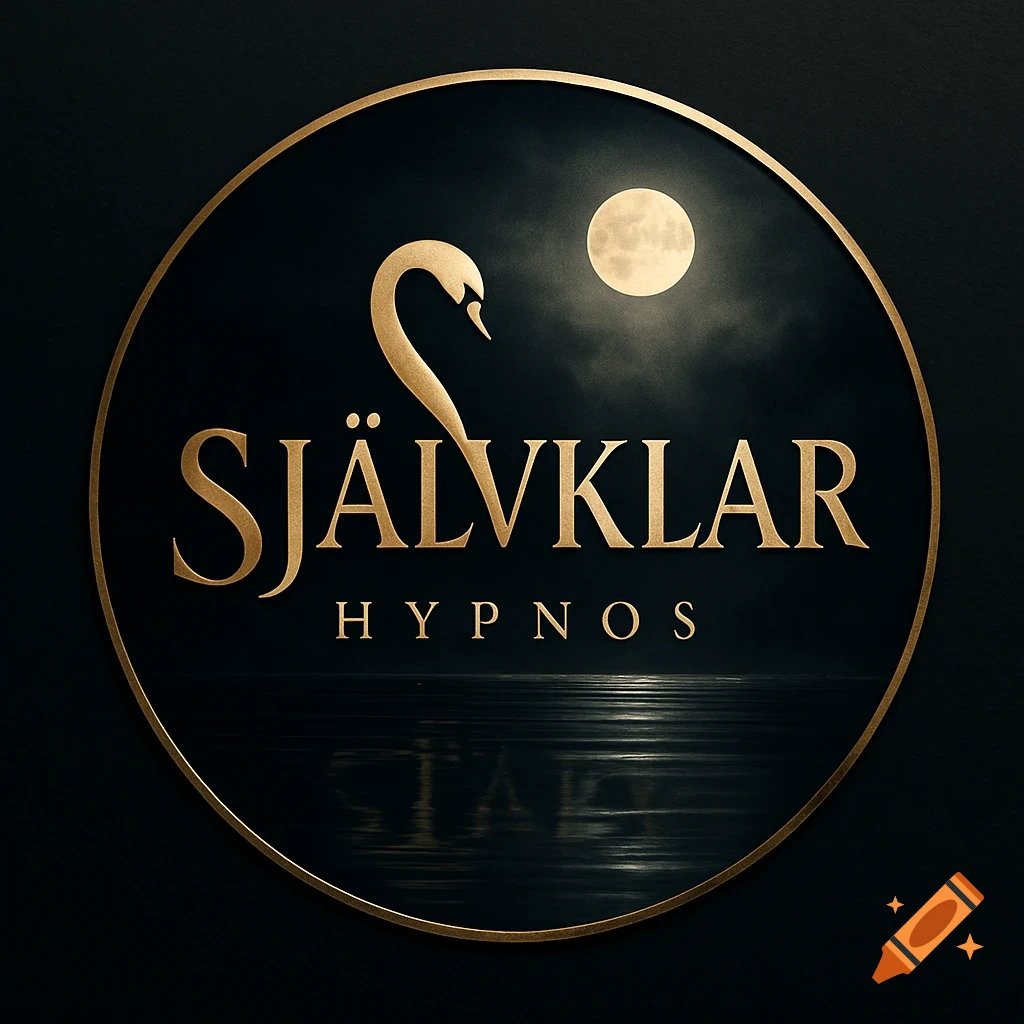 A circular logo with a golden swan 'S' in 'SJÄLVKLAR' and 'HYPNOS' reflected in dark water under a full moon.