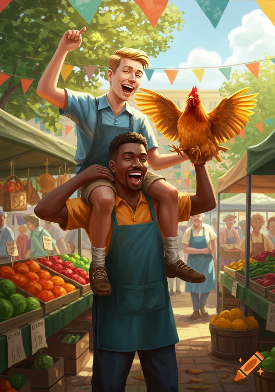 Two laughing men at a vibrant farmer's market, one riding on the other's shoulders, holding a chicken. Colorful illustration style.