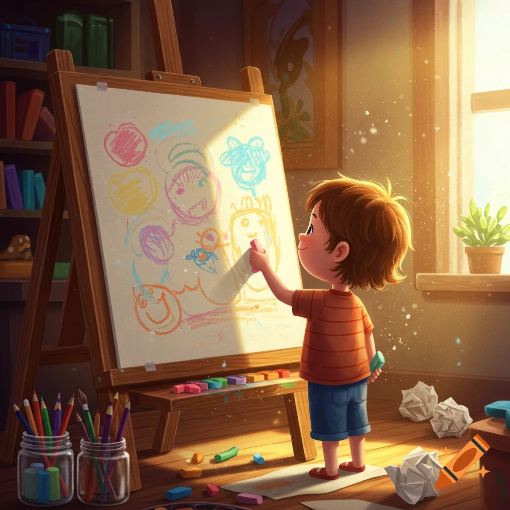 An illustration of a young child drawing with colorful crayons on an easel in a warm, sunlit room surrounded by art supplies.