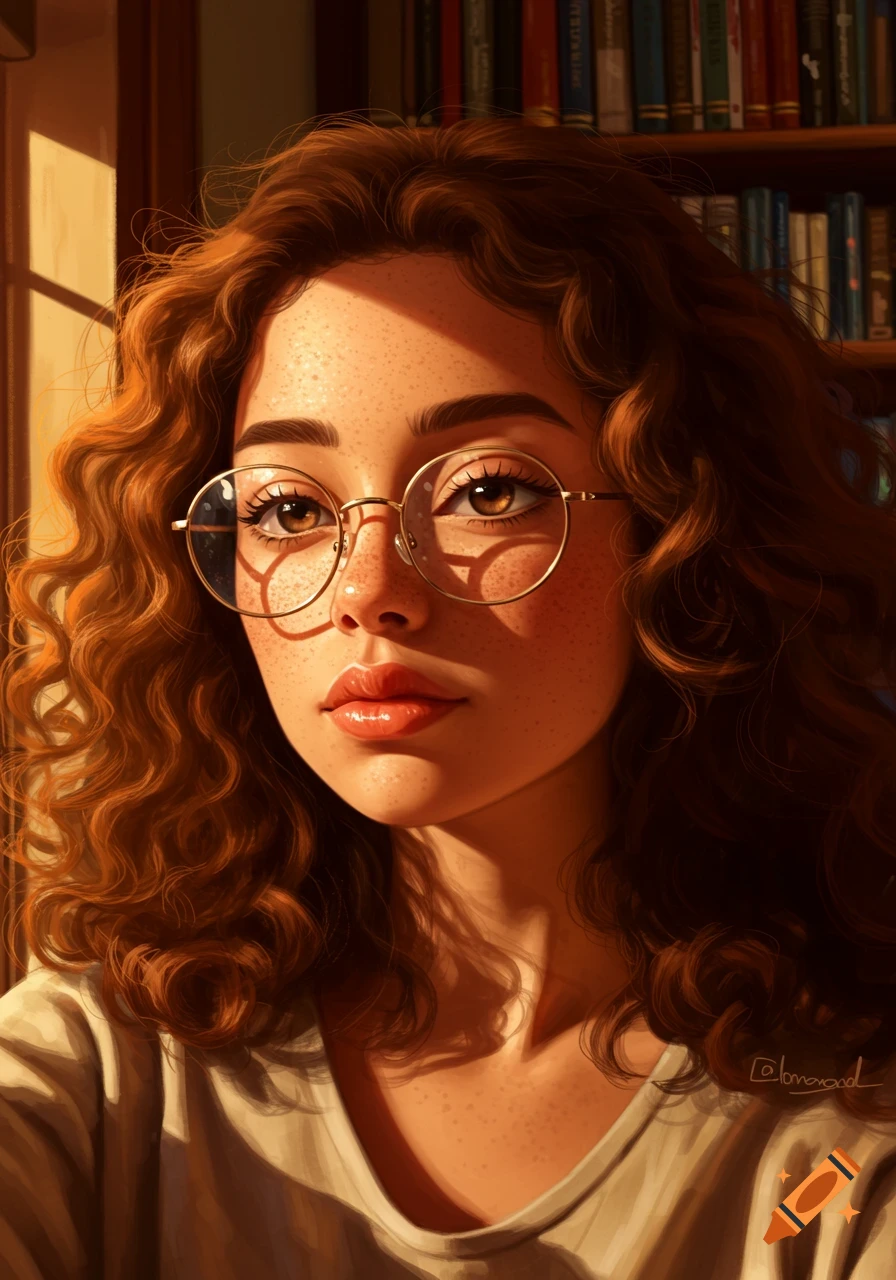 A close-up digital portrait of a woman with curly brown hair, freckles, and round glasses, in warm light with books behind her.