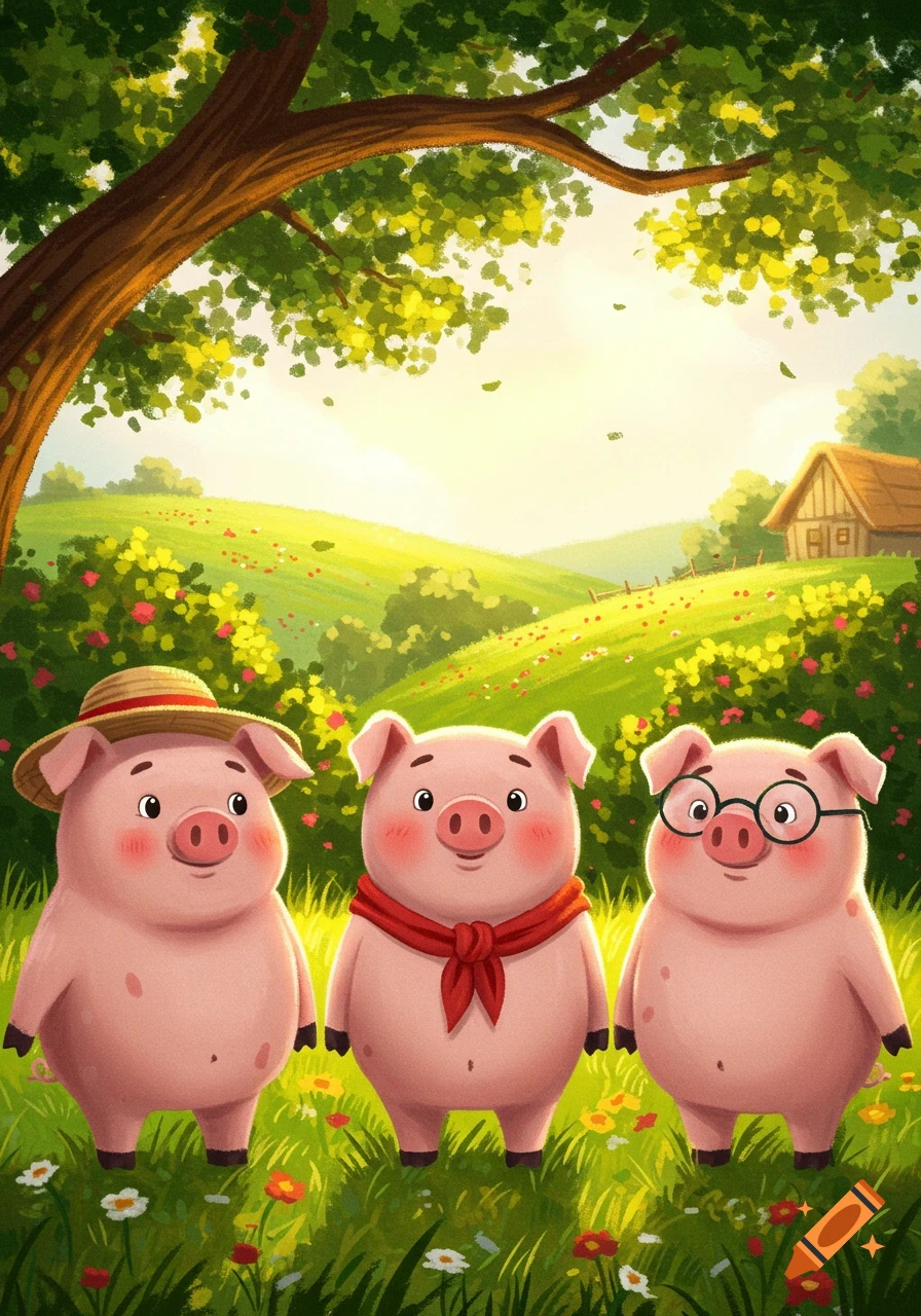 Three cute cartoon pigs stand in a vibrant green field with flowers under a large tree, a small house visible in the background.
