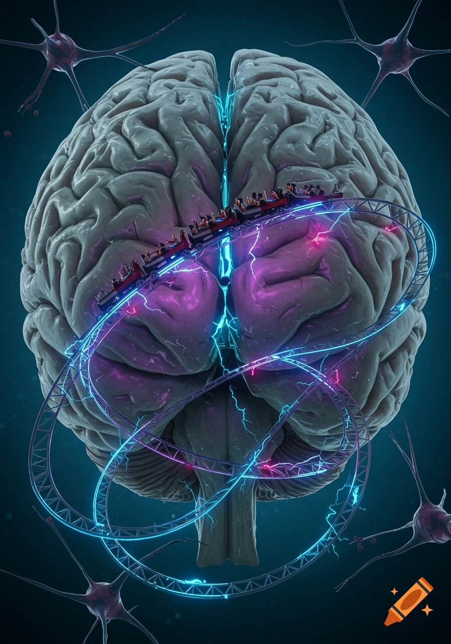 A human brain with a glowing neon rollercoaster track and train on its surface, surrounded by neurons, against a dark background.