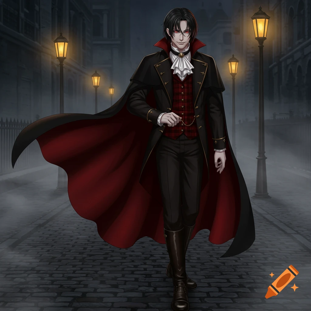 An anime man with black hair and red eyes, dressed in Victorian clothes and a black cape with a red lining, walks down a cobblestone street at night with gas lamps.