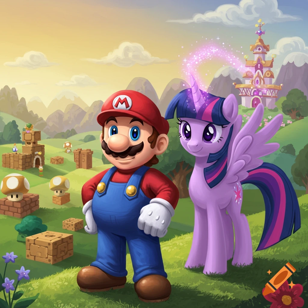 Mario and Twilight Sparkle stand in a colorful cartoon fantasy landscape with Super Mario elements.