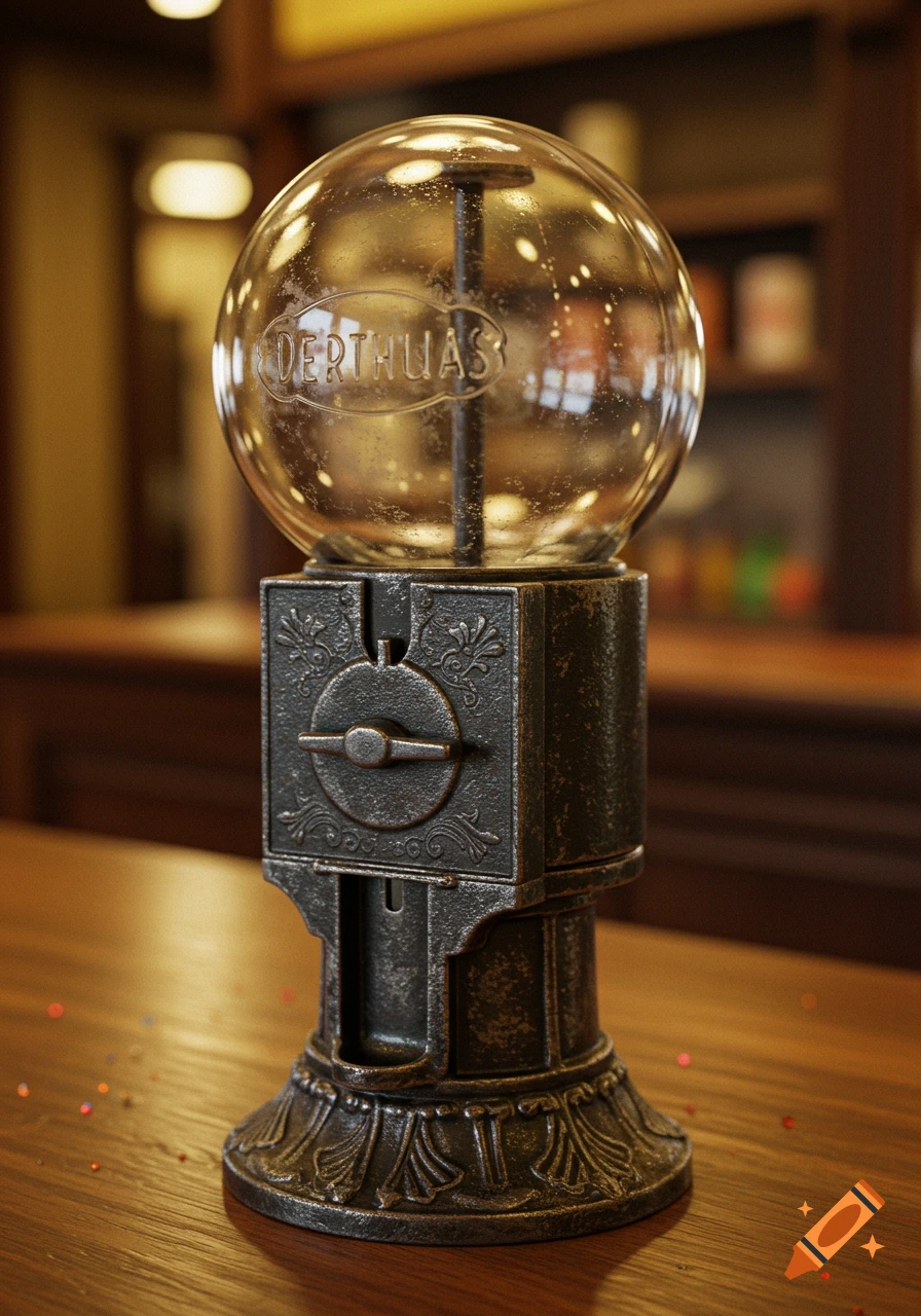 A close-up shot of an antique empty gumball machine with a glass globe and ornate metal base, on a wooden table.