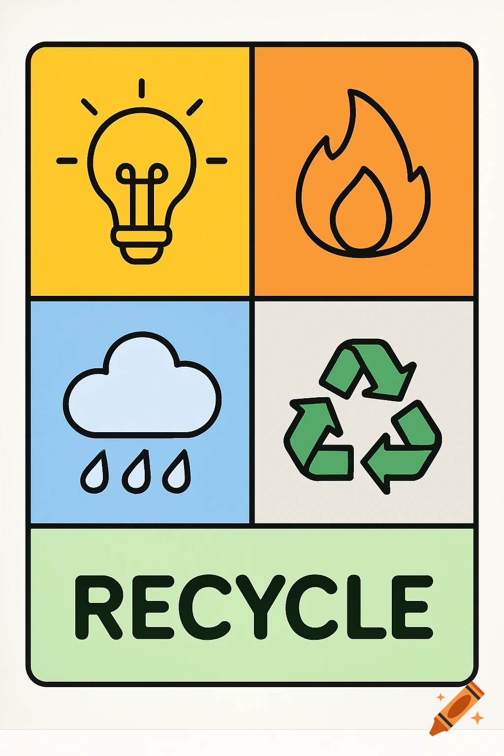 An infographic with four squares, depicting a light bulb, a flame, a rain cloud, and a recycling symbol, with the word 'RECYCLE' below.