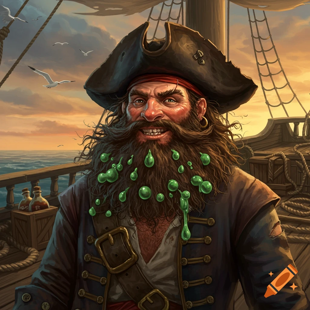 A smiling, bearded pirate with green slime in his beard stands on a ship at sunset, wearing a tricorn hat and coat.
