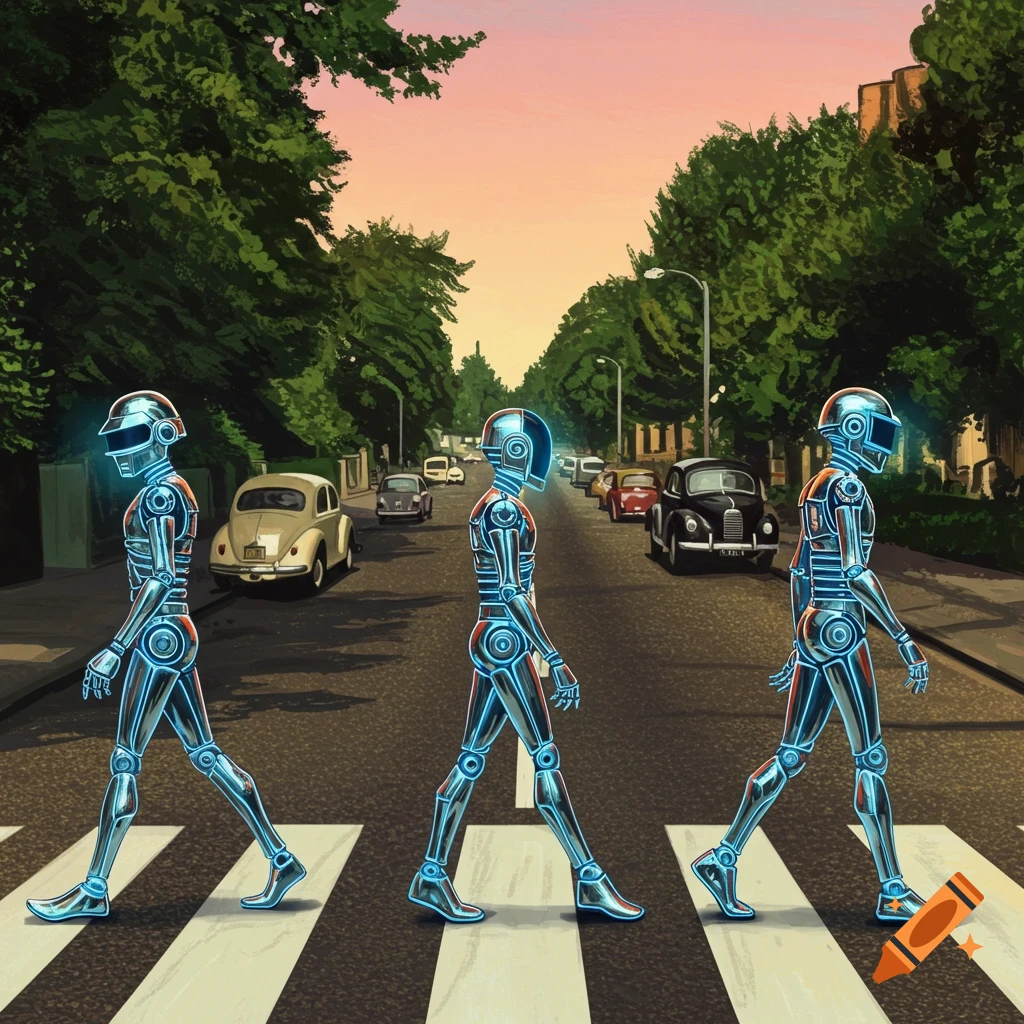Three metallic Daft Punk-style robots cross Abbey Road in an animated illustration.