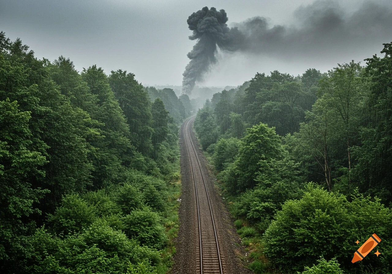 A train track winds through a rain-soaked green forest under a grey sky, with a large plume of smoke rising in the distance.