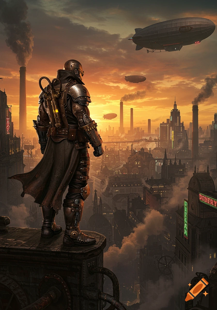 A hero in dieselpunk armor stands atop a building, overlooking a sprawling industrial city with airships at sunset.