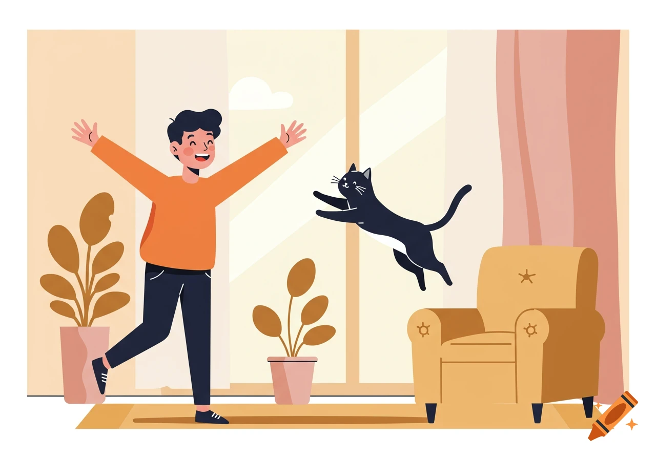 Vector illustration of a happy man with outstretched arms and a black cat jumping indoors, with plants and an armchair.