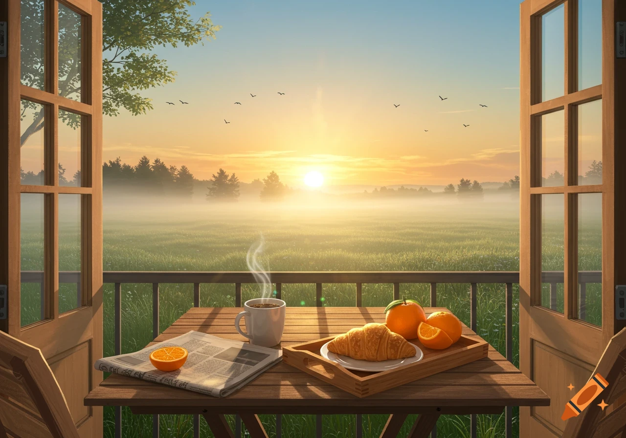 Illustrated morning scene of breakfast on a balcony overlooking a misty, sunlit field at sunrise.