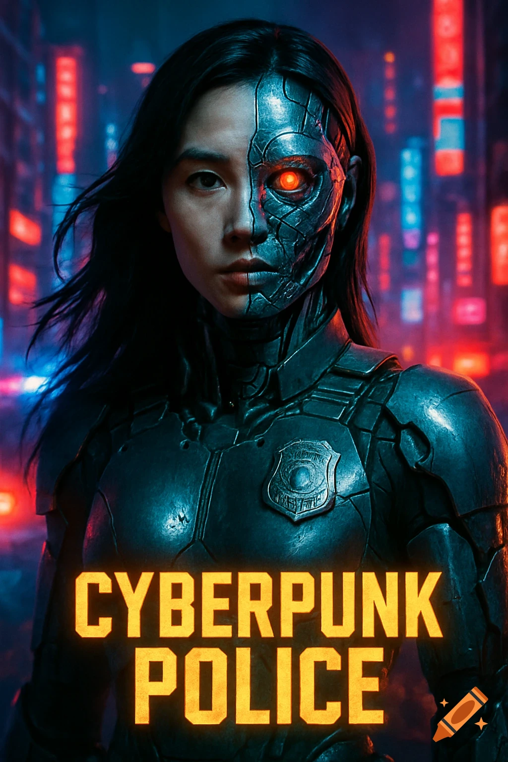 Photorealistic movie poster of a half-human, half-android female police officer in armor with a glowing red eye. Text: CYBERPUNK POLICE.