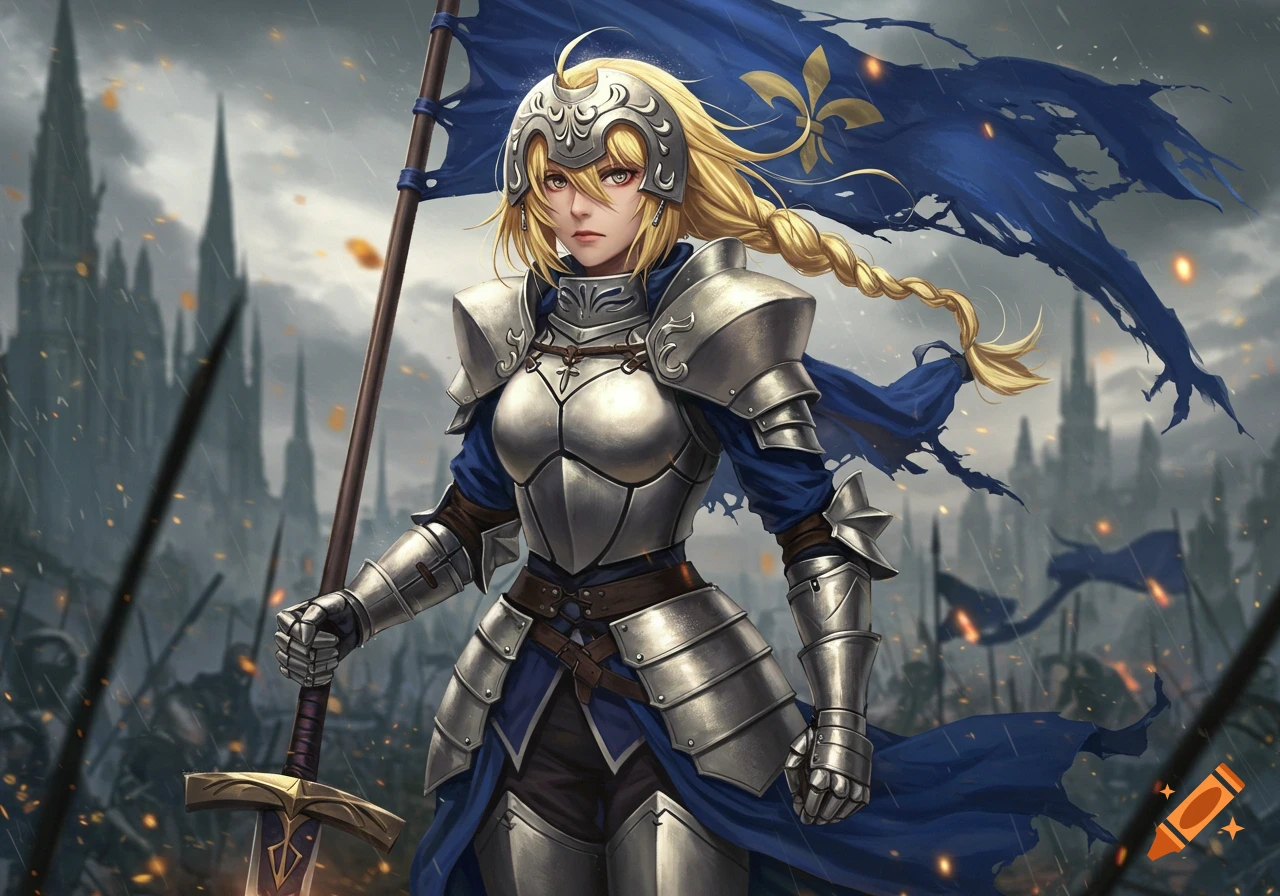 Anime-style female knight in silver armor with blonde braided hair holds a sword and a tattered blue flag on a stormy battlefield.