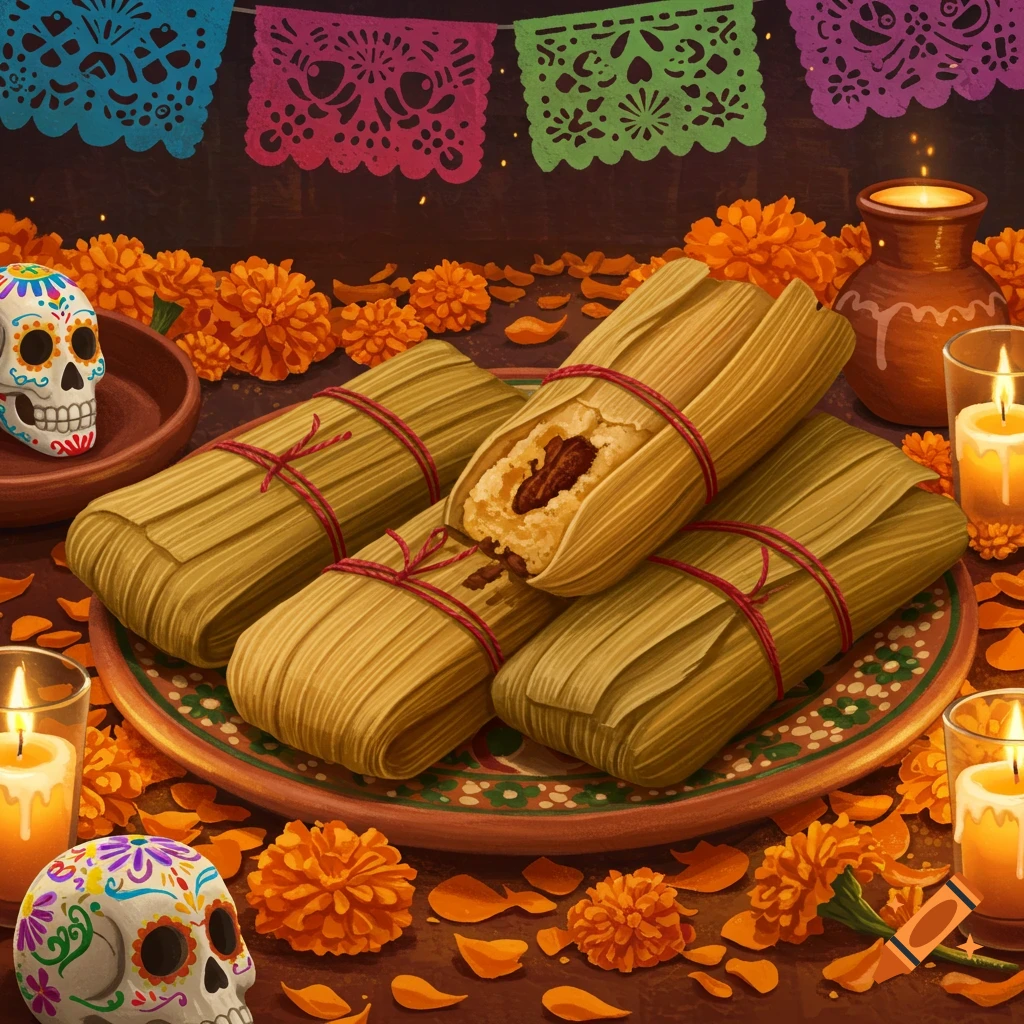 Illustrated scene of tamales with marigolds, candles, and sugar skulls, evoking Día de los Muertos.