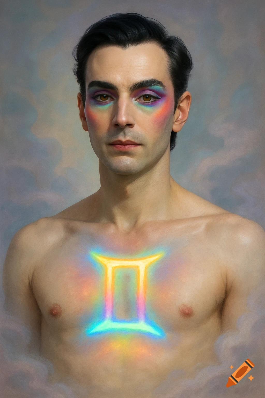 Stylized portrait of a shirtless man with rainbow makeup and a glowing rainbow Gemini 'II' symbol on his chest, against a cloudy background.