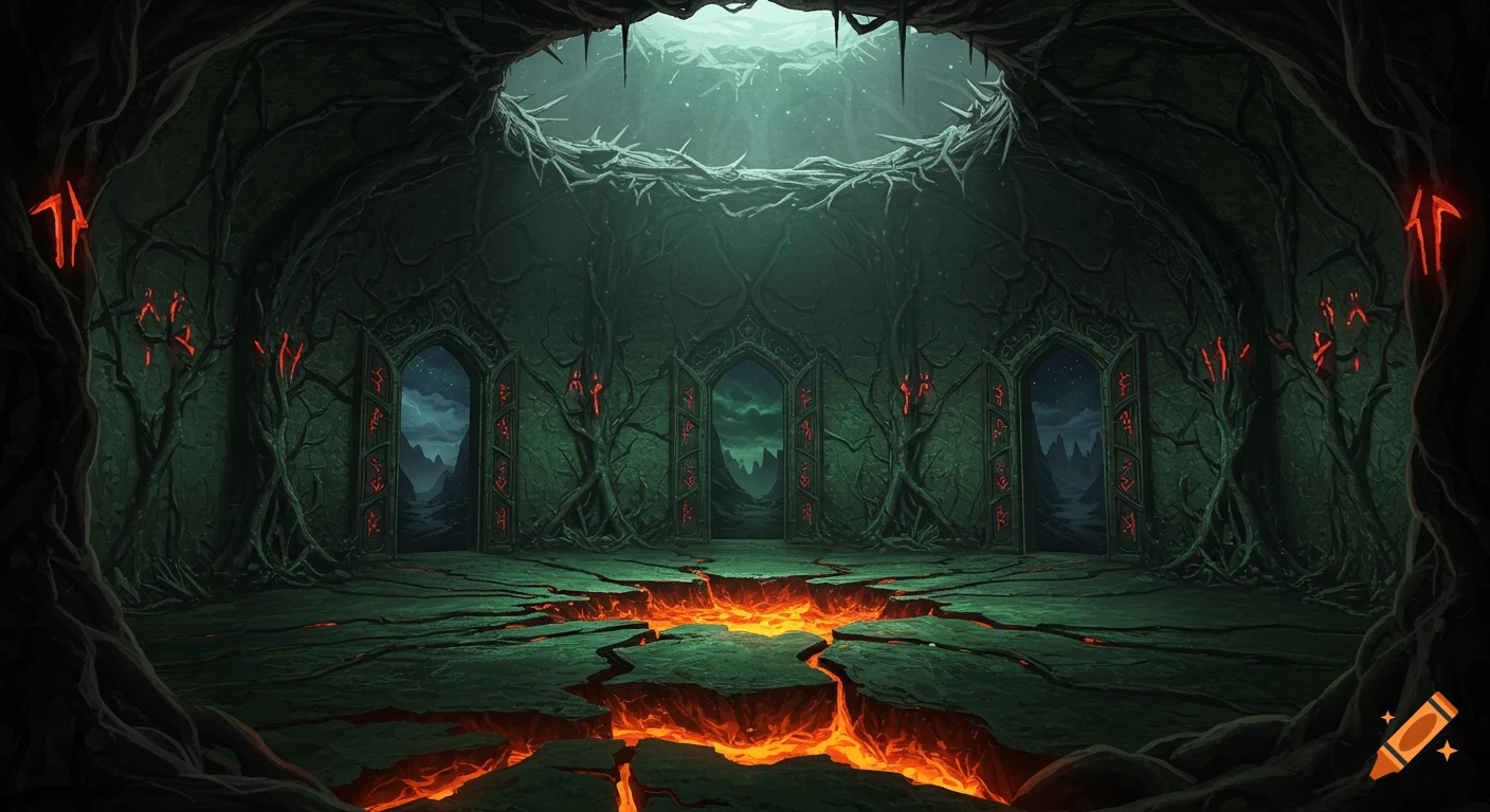 A dramatic view from inside a dark cave of a winding lava river flowing ...