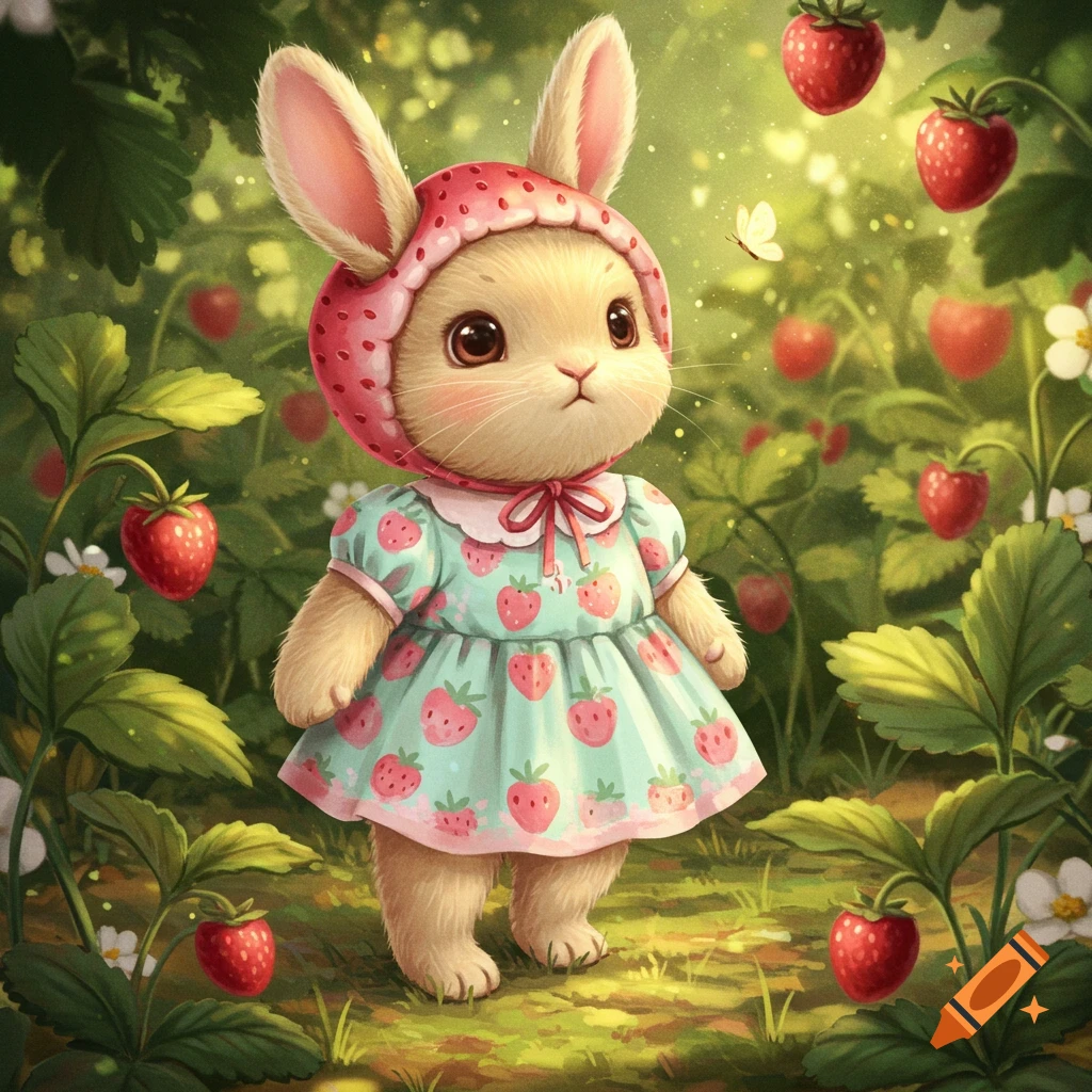 A cute beige bunny in a light pink and green strawberry dress and hat stands in a whimsical strawberry field.