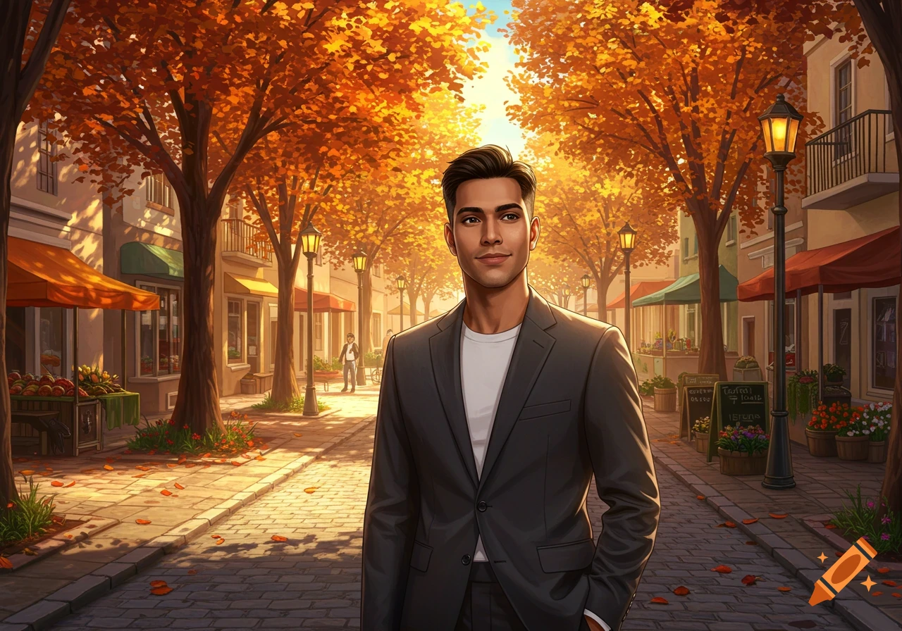 A stylish man in a dark suit and white t-shirt stands on a cobblestone street lined with buildings and vibrant orange autumn trees, bathed in golden sunlight.
