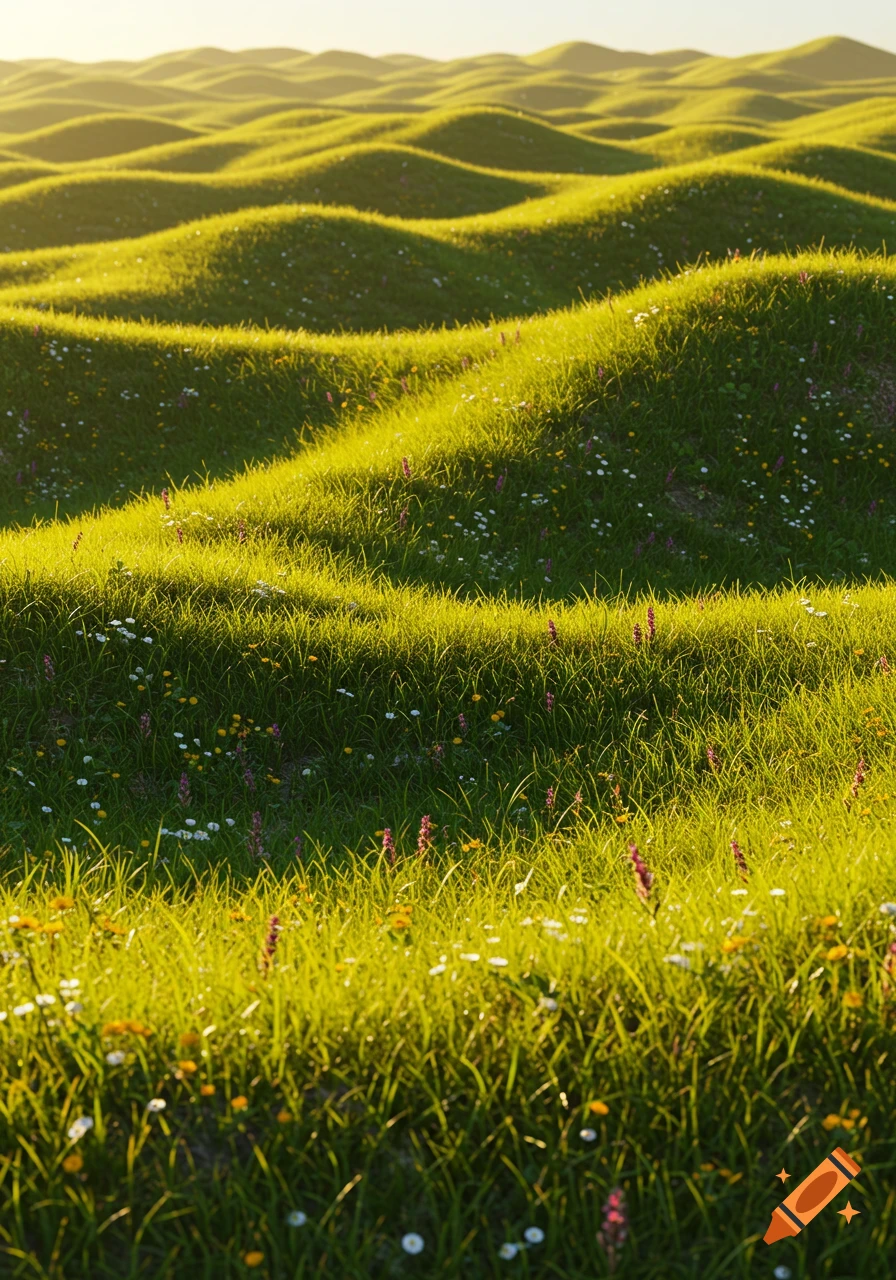 Rolling green hills covered in grass and wildflowers under warm sunlight, creating a wave-like landscape.