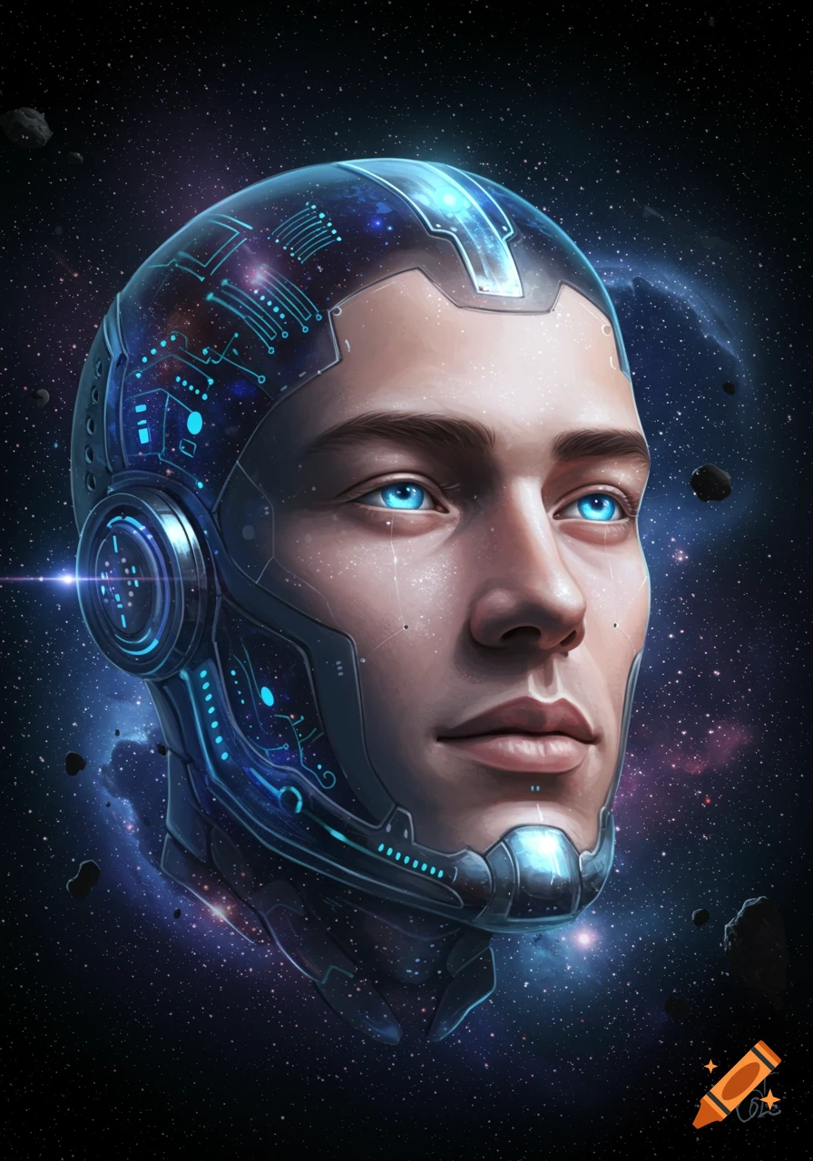 A detailed digital art portrait of a man with blue glowing cybernetic implants on his head, set against a cosmic starry background.