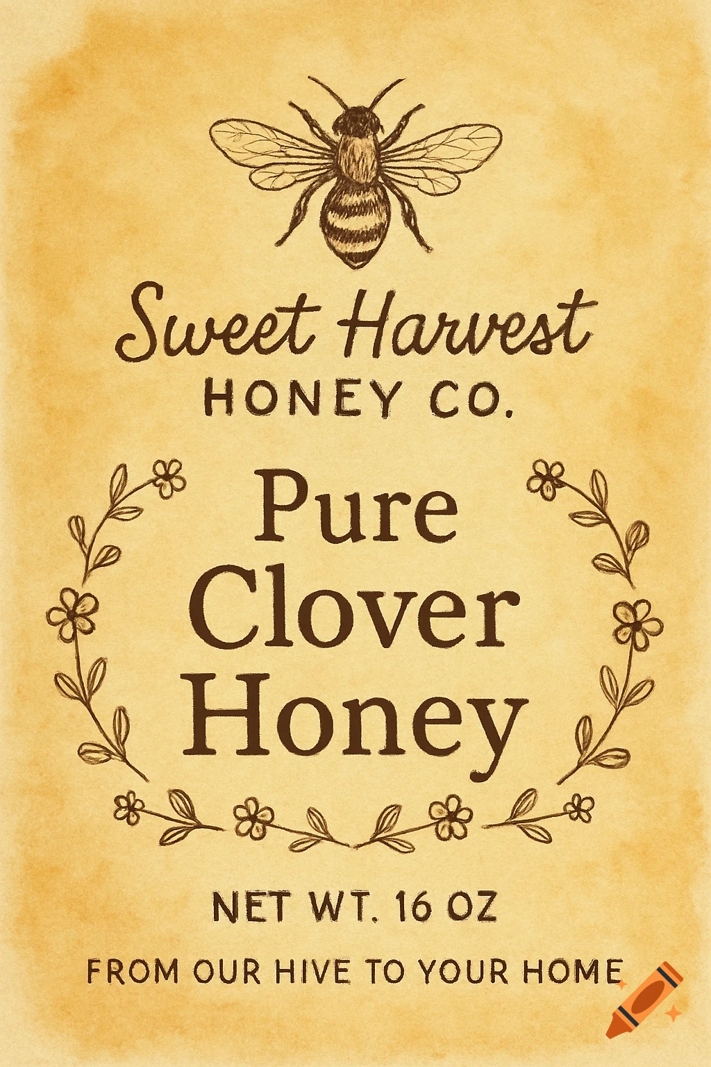 A vintage-style honey label with a bee illustration, text for 'Sweet Harvest Honey Co. Pure Clover Honey'.
