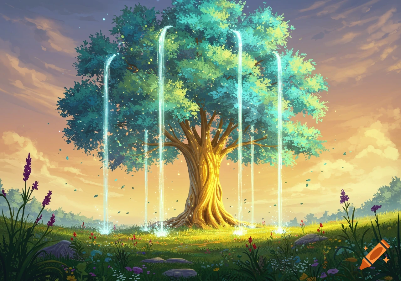 A vibrant fantasy tree with glowing blue energy flowing like waterfalls from its branches onto a lush, colorful meadow at sunset.