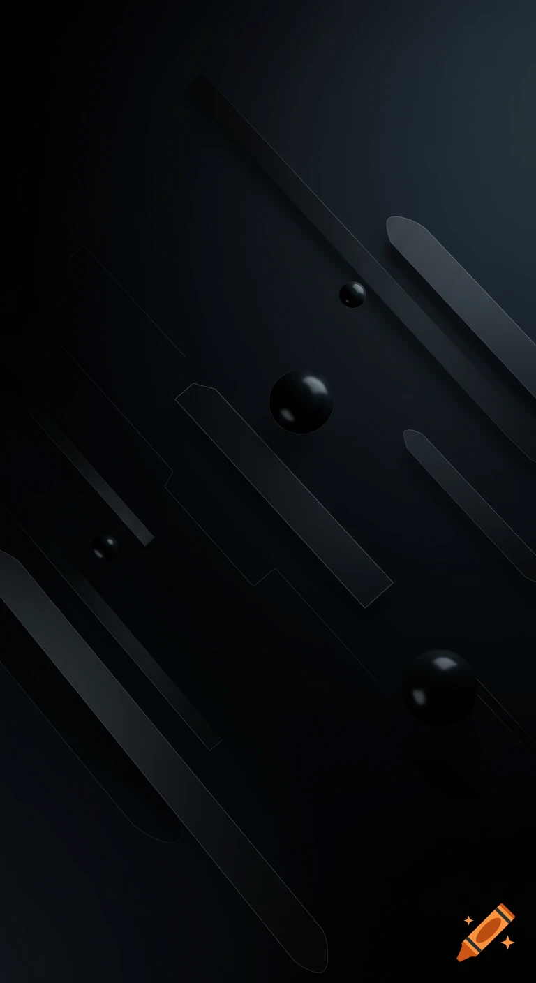 A dark, minimalist abstract background featuring subtle black geometric shapes and glossy spheres against a deep gray gradient.