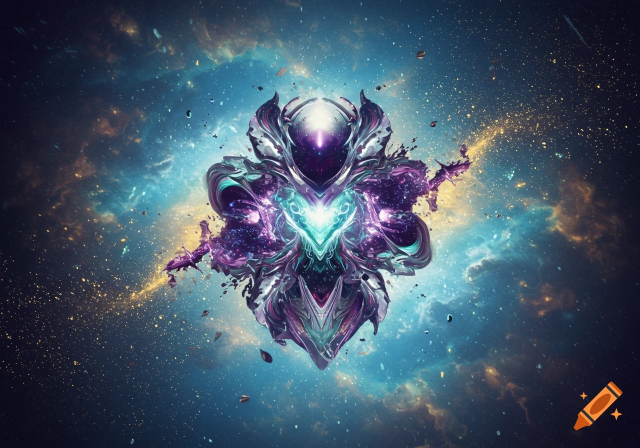 A vibrant abstract cosmic entity glowing against a starry blue and purple nebula background in digital art style.