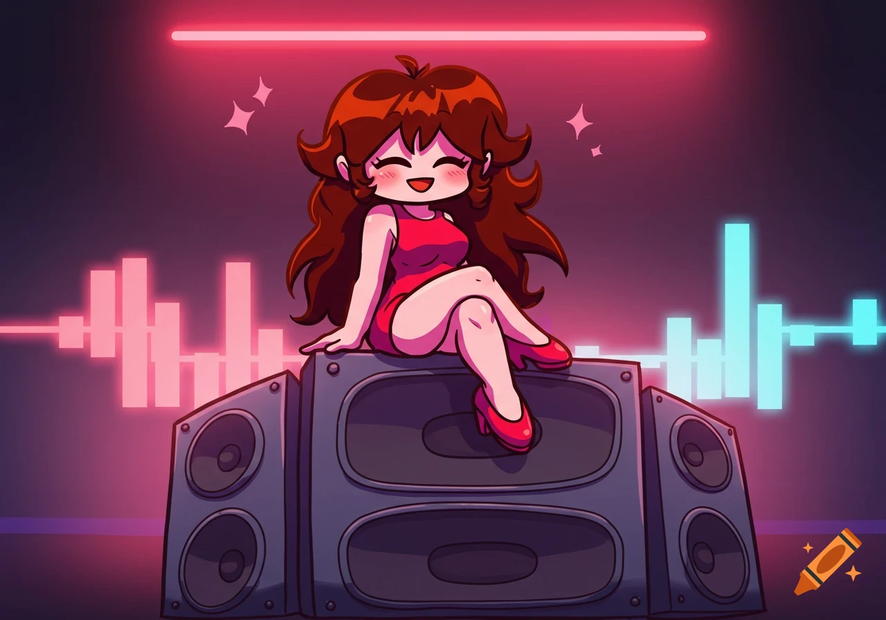 A cartoon anime girl with long brown hair in a red dress sits happily on top of large speakers, surrounded by glowing neon sound bars.