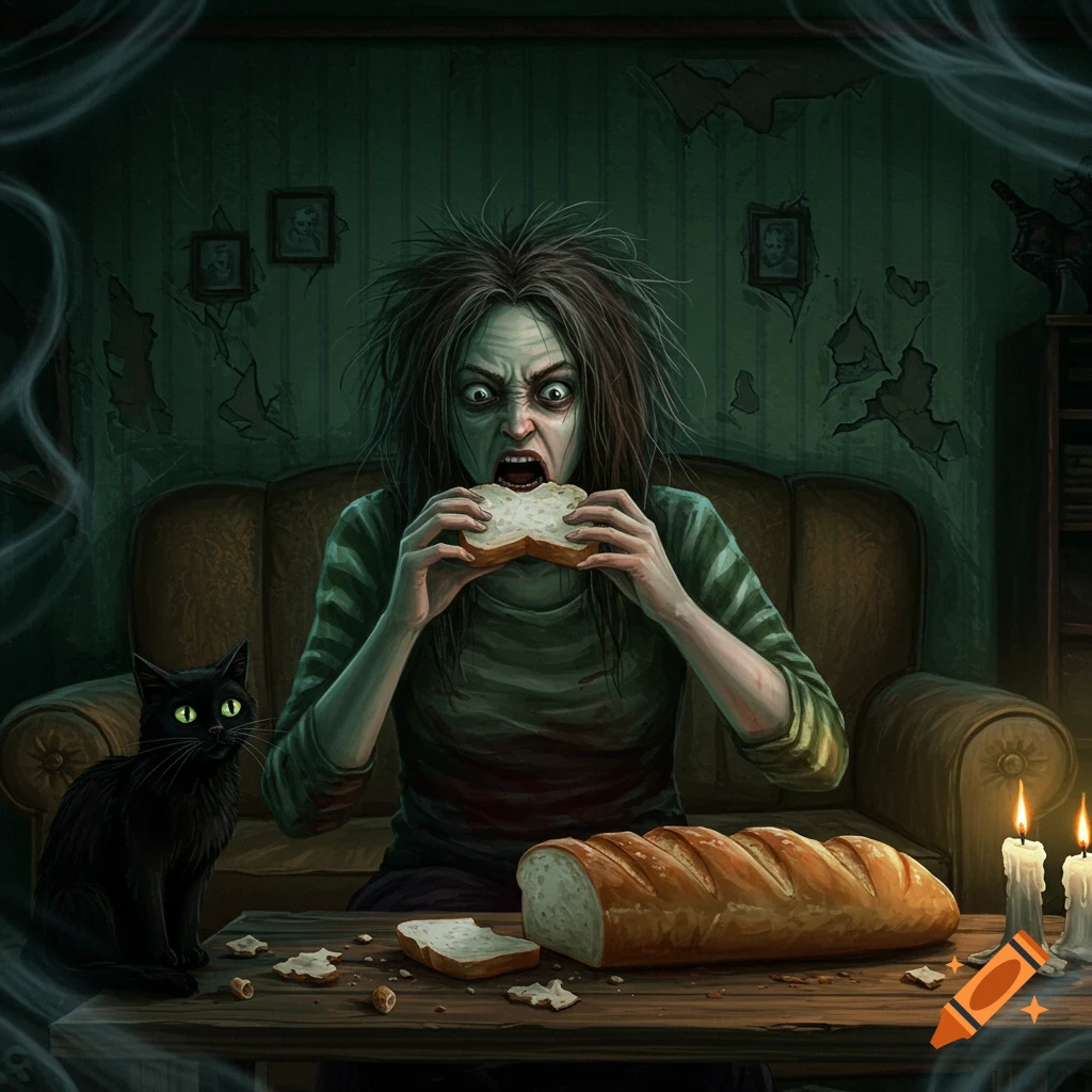 A disheveled, wild-eyed horror woman frantically eats bread at a table with a black cat and candles in a dark, decaying room.