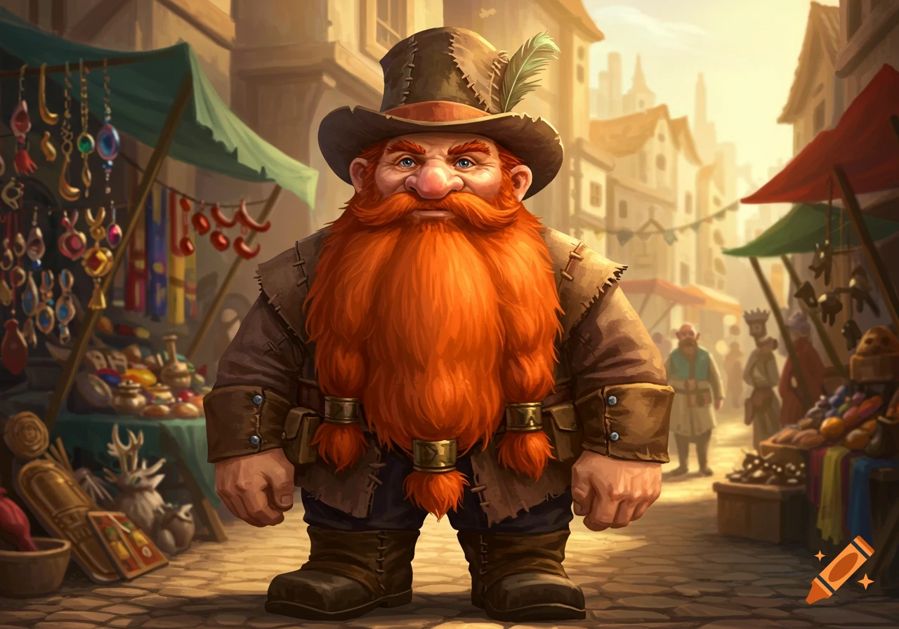 A sturdy fantasy dwarf with a long braided red beard and a top hat stands in a lively marketplace.